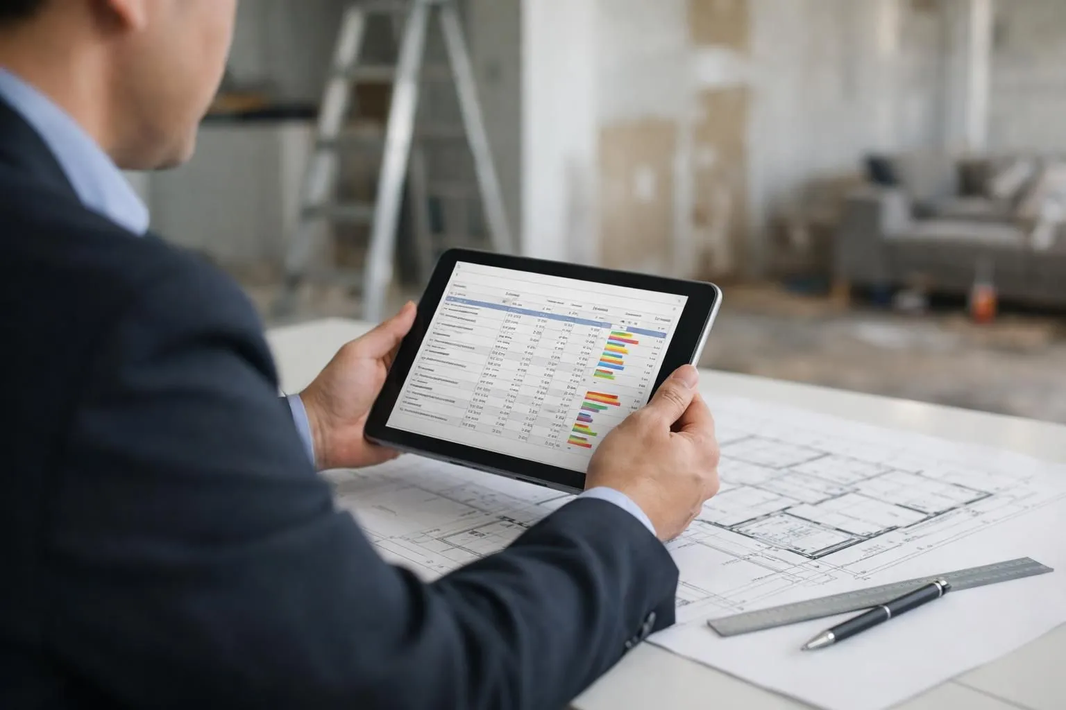 Un professionnel examine un budget sur tablette avec des plans, pour une rénovation appartement complet prix.