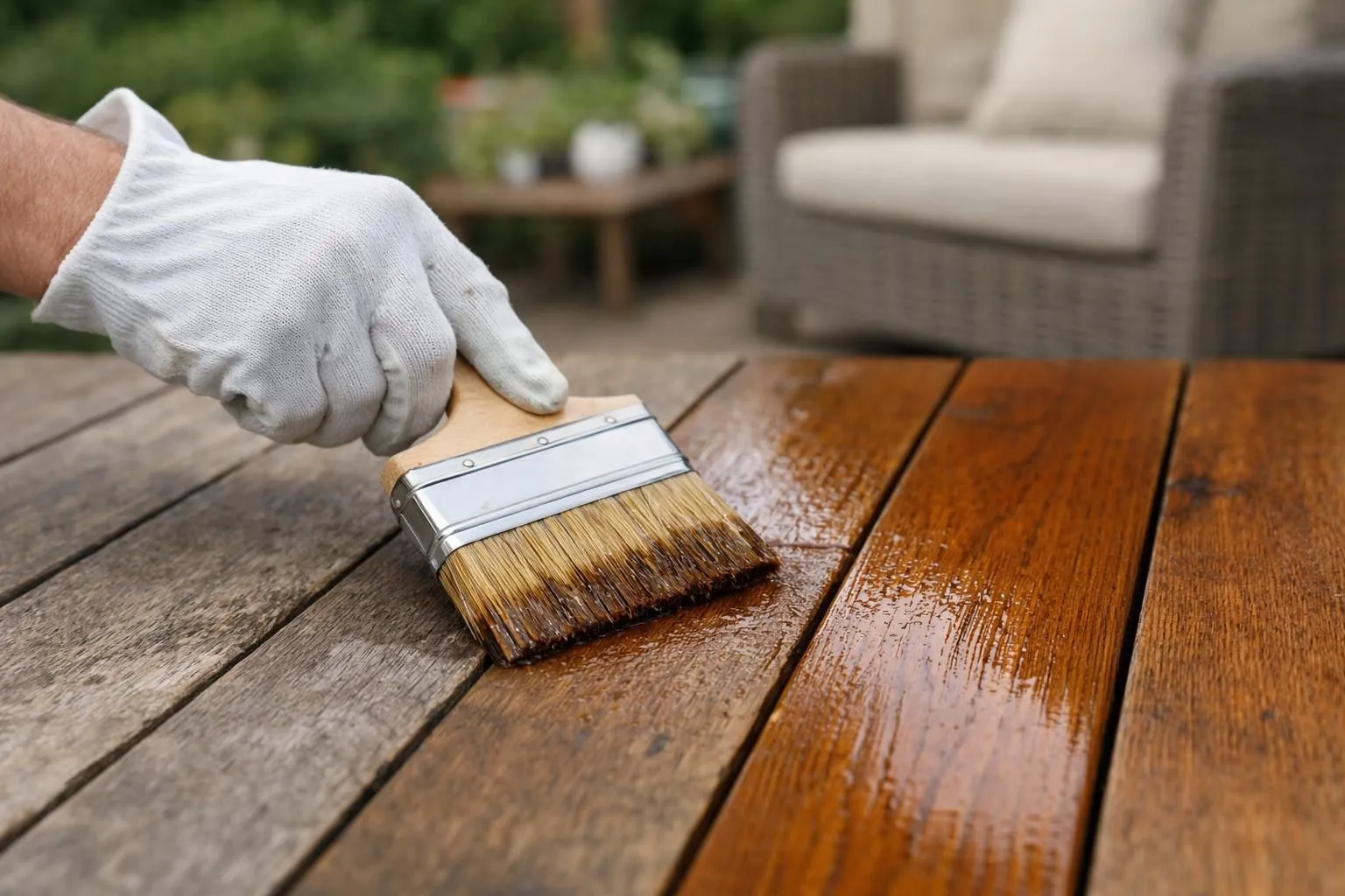 Main appliquant de la lasure sur une terrasse en bois, protégeant et sublimant la surface avec expertise.
