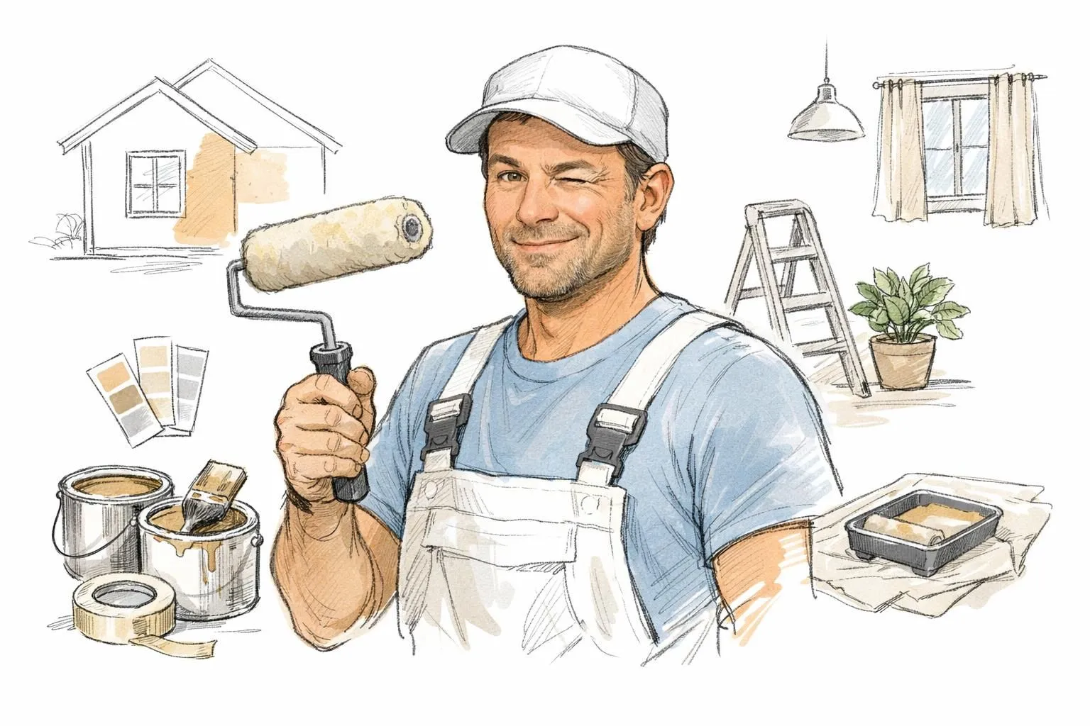 Dessin esquissé d'un peintre résidentiel souriant à Nyon, transformant une maison avec une touche fraîche et professionnelle.