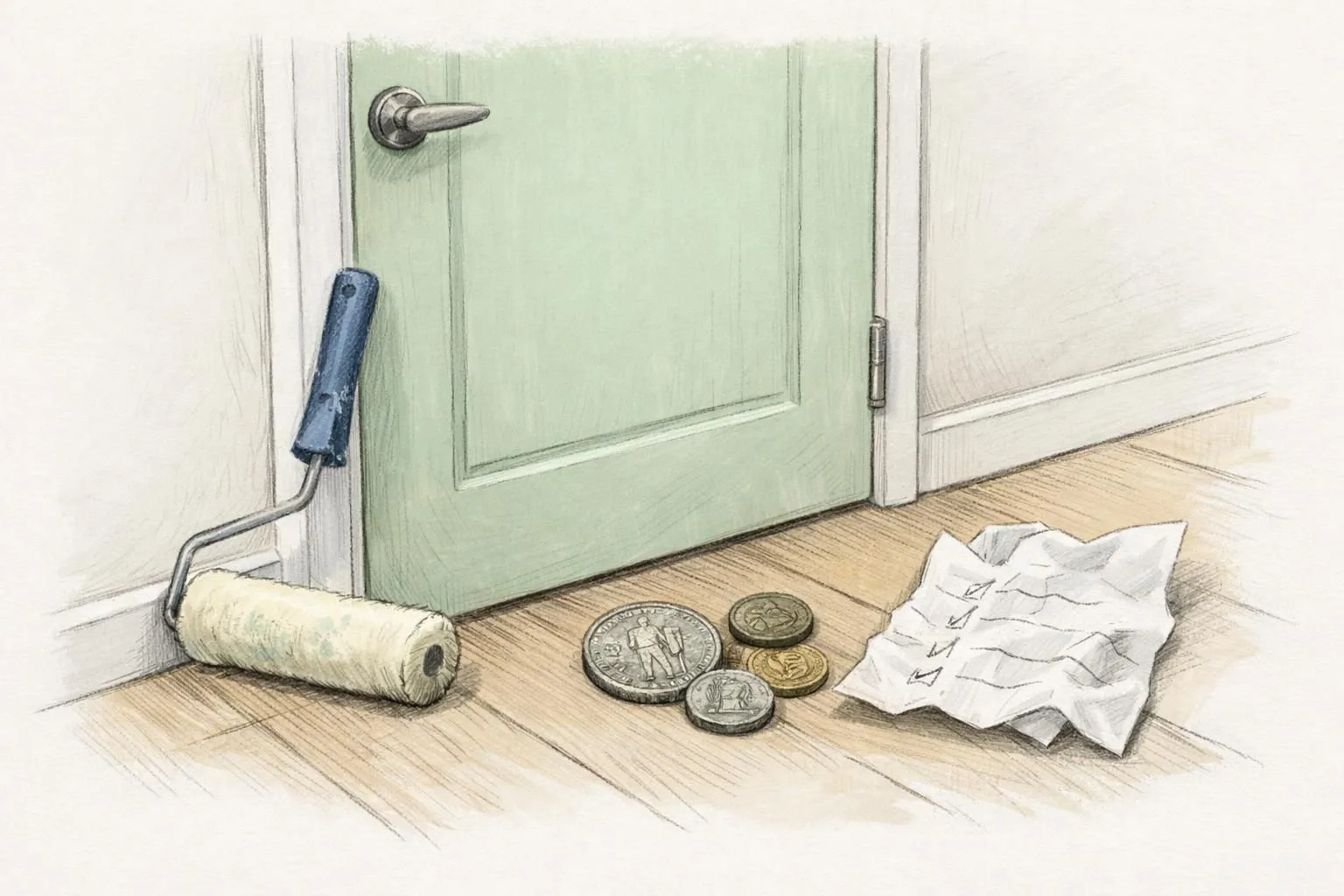 Esquisse d'une porte intérieure fraîchement peinte, avec rouleau et francs suisses. Prix peinture portes intérieures Suisse.