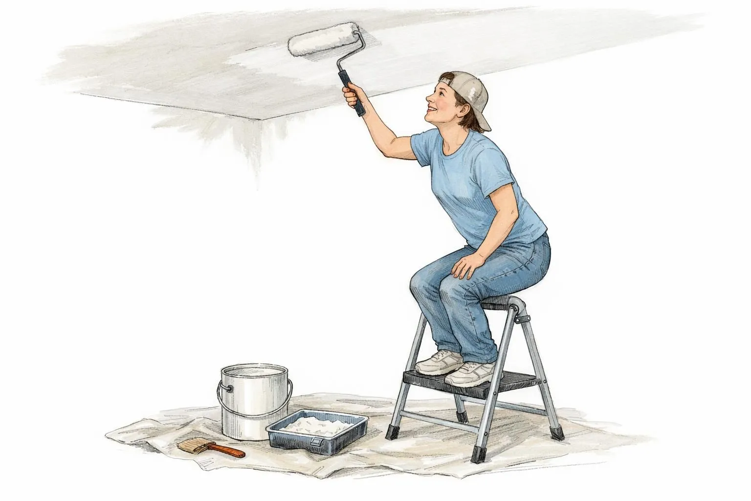 Dessin: personne peignant un plafond avec un rouleau, la section peinte est lisse et sans trace pour un résultat impeccable.