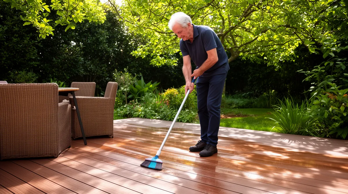Nettoyage d'une terrasse en bois composite avec un balai et un nettoyant, dans un jardin luxuriant.