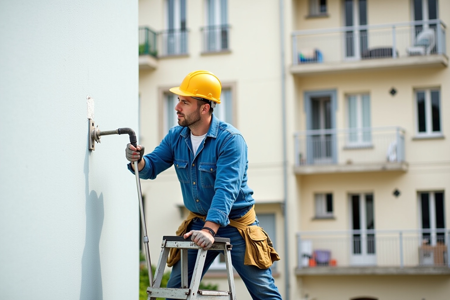 Un ouvrier en uniforme de travail effectuant des réparations sur un bâtiment.