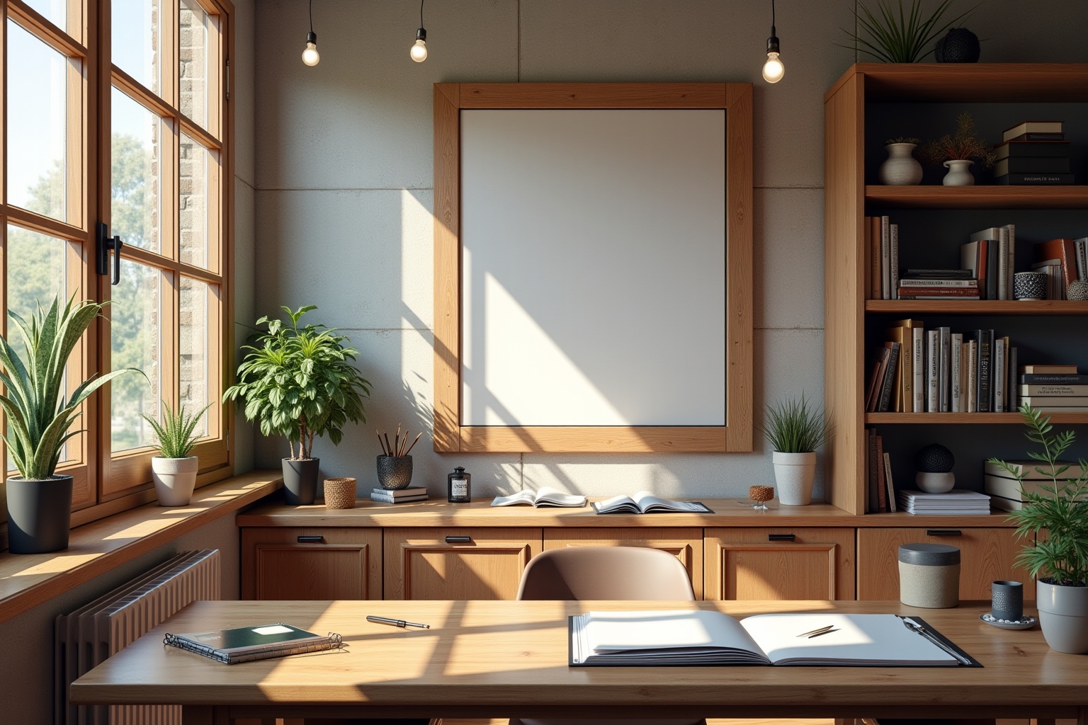 Espace de travail confortable et lumineux avec mobilier en bois.