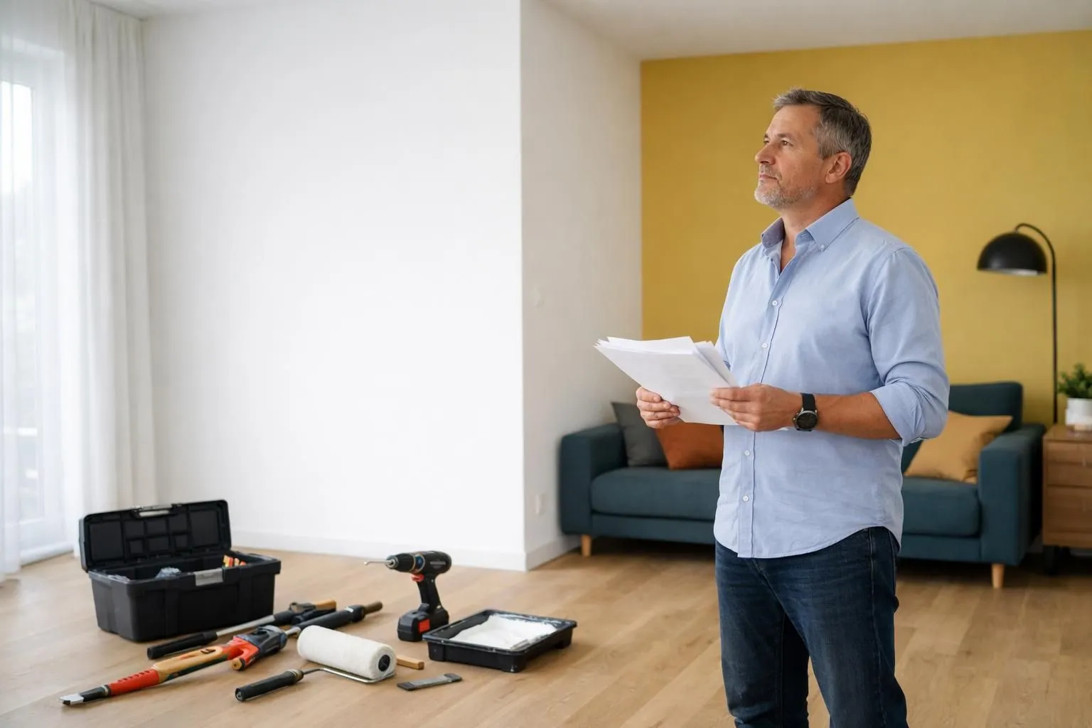Propriétaire suisse inquiet tenant des documents et examinant des défauts visibles sur un mur fraîchement rénové dans un salon moderne avec outils de construction abandonnés au sol