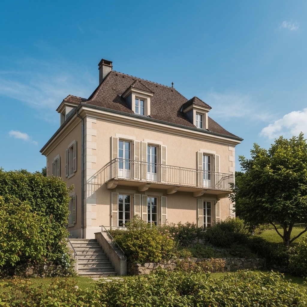 Élégante maison suisse avec façade fraîchement peinte en beige clair, entourée de verdure alpine, ciel bleu lumineux