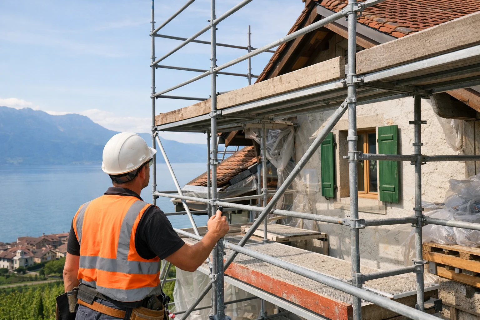 Échafaudage installé contre façade résidentielle vaudoise traditionnelle avec crépi endommagé, ouvrier inspectant mur extérieur, maison typique suisse romande en arrière-plan avec vue sur lac Léman, chantier de rénovation réaliste