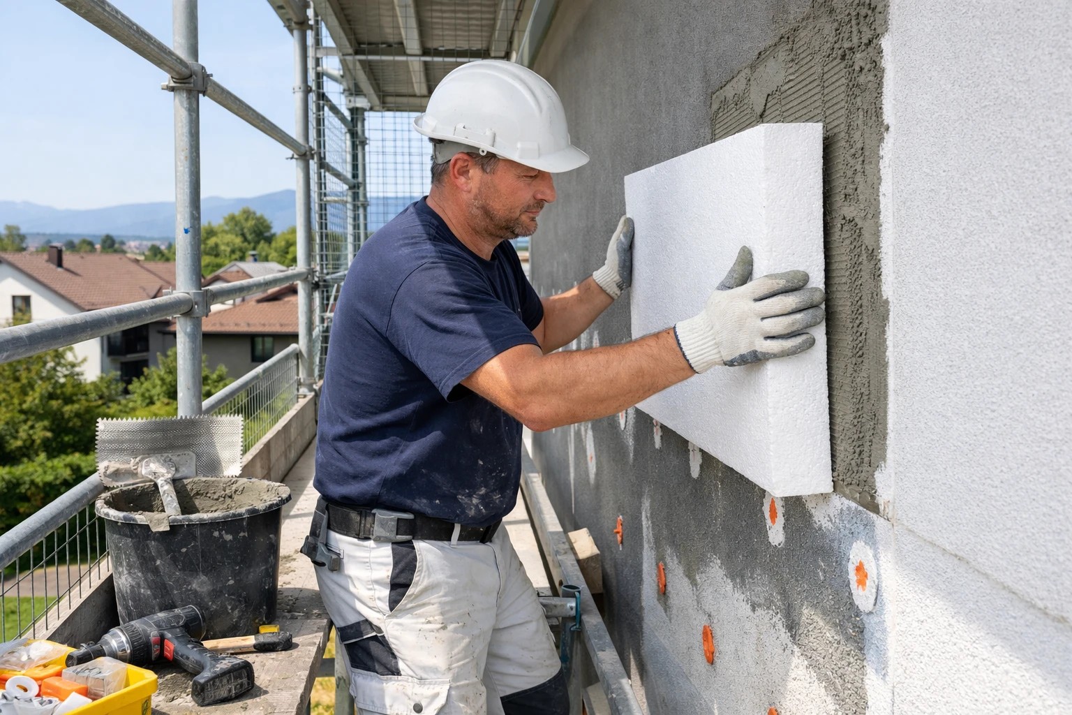Artisan professionnel en tenue de chantier appliquant un système d'isolation extérieure composite sur une façade résidentielle, échafaudage sécurisé visible, chantier moderne en Suisse romande avec outils spécialisés