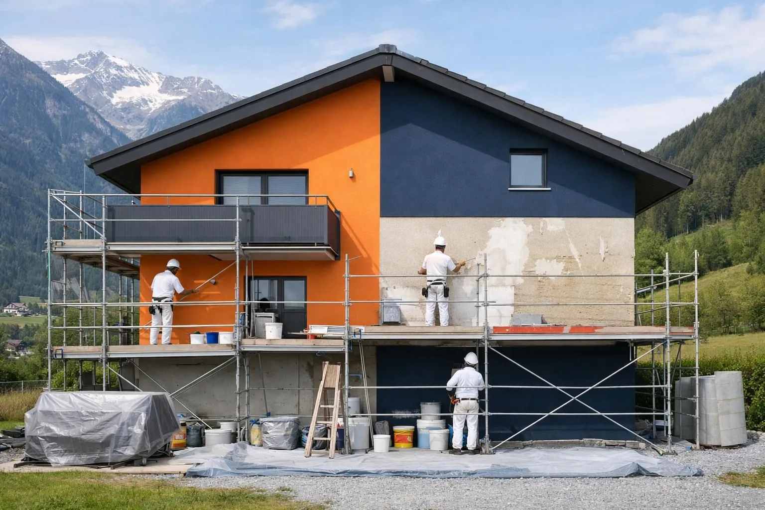 Swiss residential house facade during renovation work showing scaffolding, workers applying fresh coating, visible difference between renovated and old sections, clean professional worksite in alpine setting