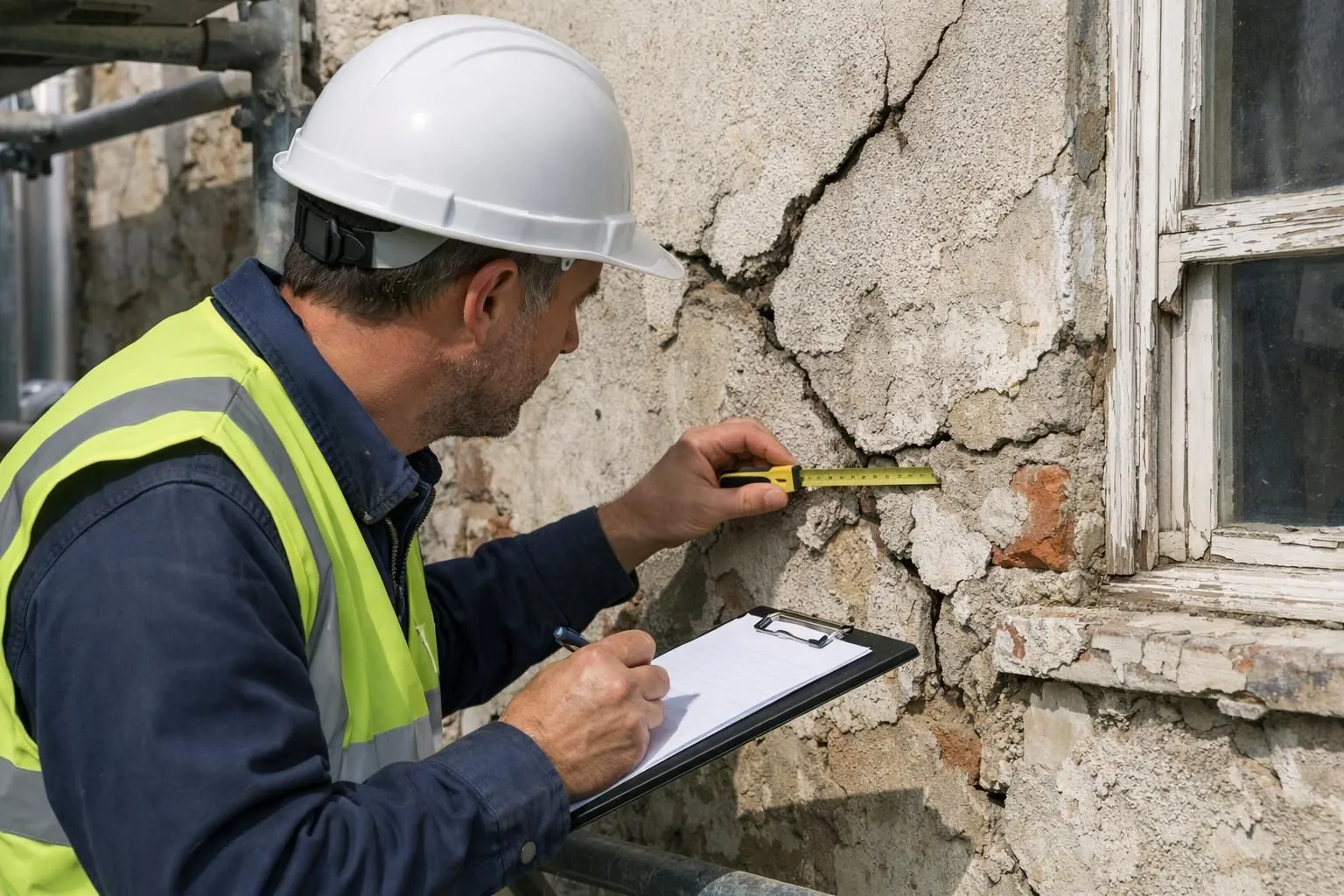 Professional contractor examining cracked and weathered house facade with scaffolding installed, measuring tape and notepad in hand, close-up showing visible damage patterns and texture deterioration on exterior wall, bright daylight showing architectural details