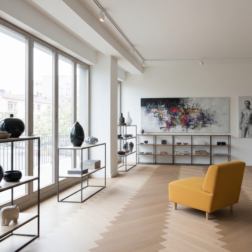 Spacious Swiss living room with contemporary wall art installation featuring geometric abstract paintings and floating shelves with decorative objects, natural daylight streaming through large windows, modern furniture in neutral tones