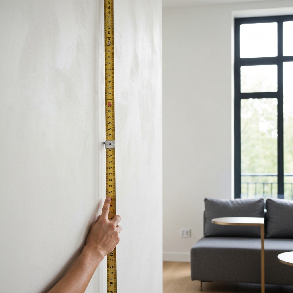 Interior designer in modern Swiss living room using tape measure to mark wall height for artwork placement, with multiple frame samples leaning against contemporary furniture, natural daylight from large windows