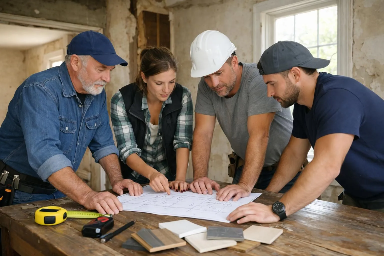 Équipe de rénovateurs professionnels examinant des plans architecturaux dans une pièce ancienne aux murs en pierre apparente avec poutres apparentes, outils de mesure et échantillons de matériaux traditionnels posés sur une table en bois, lumière naturelle filtrant par une fenêtre à carreaux
