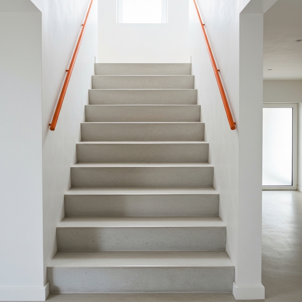 Close-up view of modern polished concrete stairs showing smooth textured surface finish in Swiss residential home interior with natural lighting highlighting the material's refined appearance