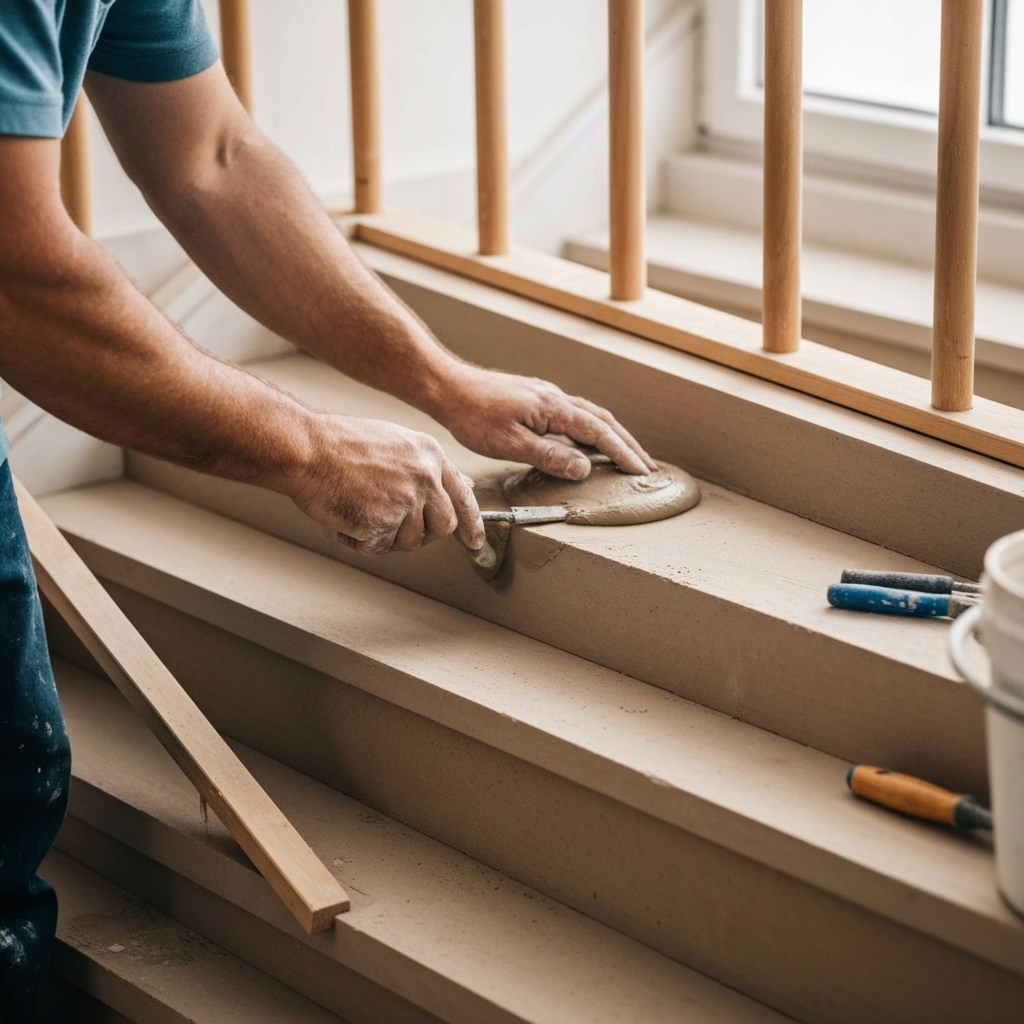 Artisan professionnel appliquant du béton ciré sur les marches d'un escalier intérieur résidentiel moderne en Suisse, avec outils de lissage et seau de matériau, lumière naturelle, scène de travail réaliste