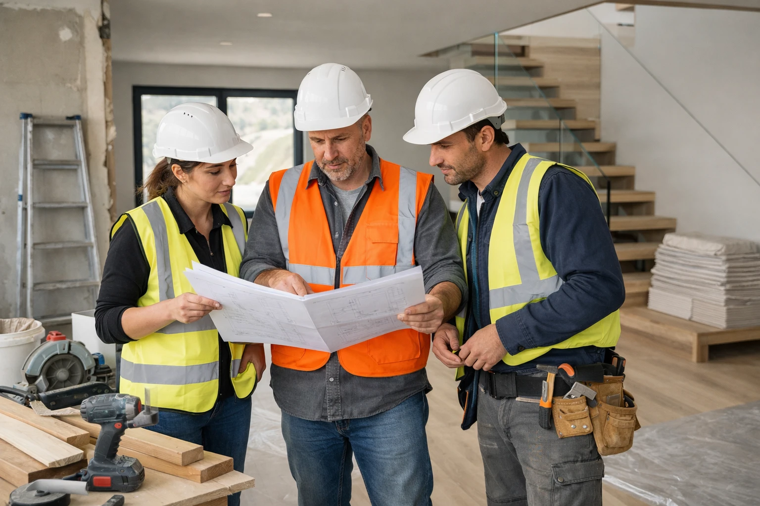 Professional renovation contractors in safety gear examining blueprints and discussing interior house renovation project in modern Swiss home, workers with tools and materials visible, realistic detailed scene with natural lighting