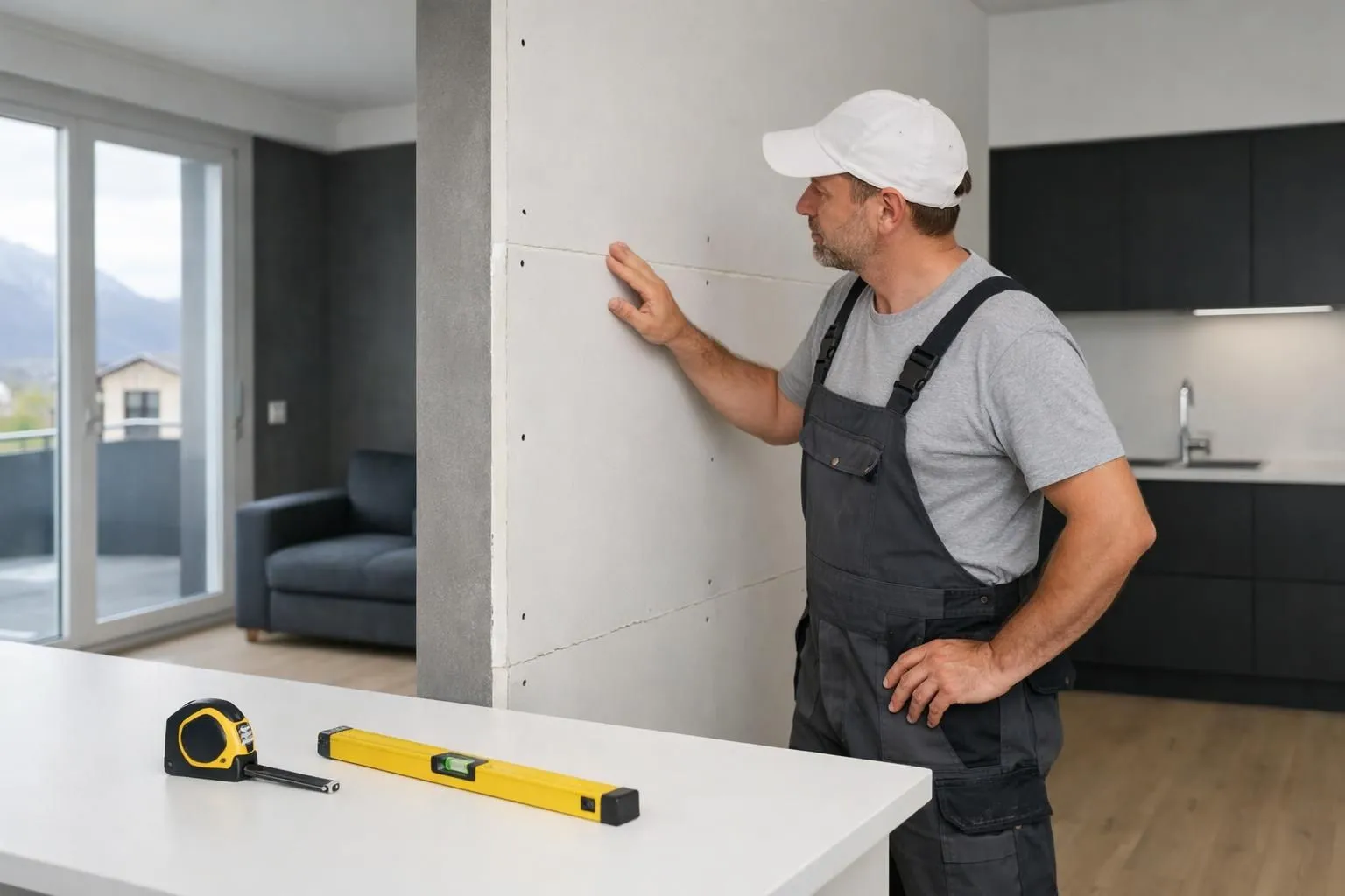 Professional tradesperson in work clothes holding a detailed estimate document while examining a newly installed drywall partition in a modern Swiss residential interior, with measuring tape and level tools visible on a clean work surface