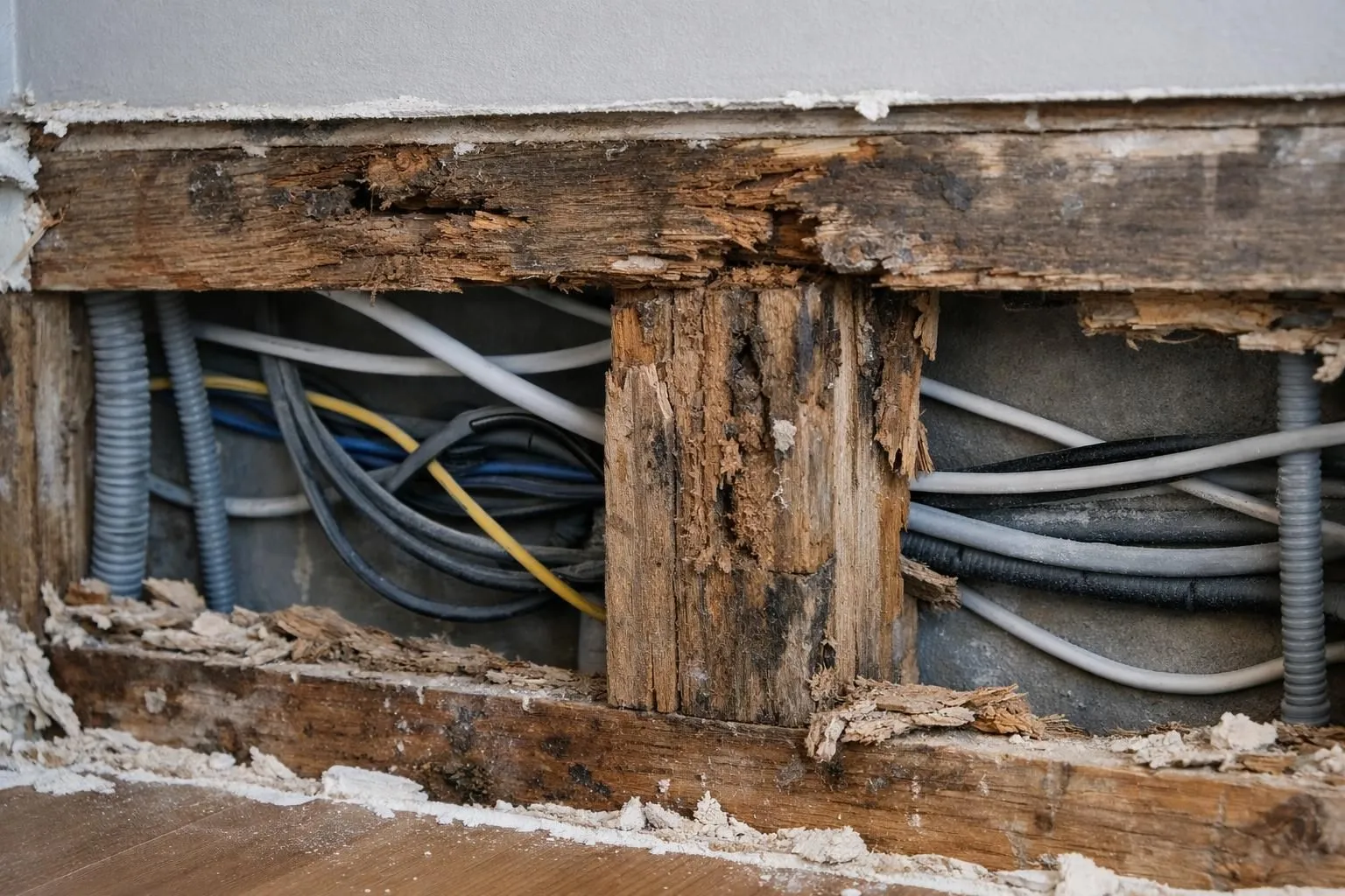 Construction worker revealing damaged wooden beams and electrical wiring behind removed drywall panels during home renovation inspection in modern Swiss apartment