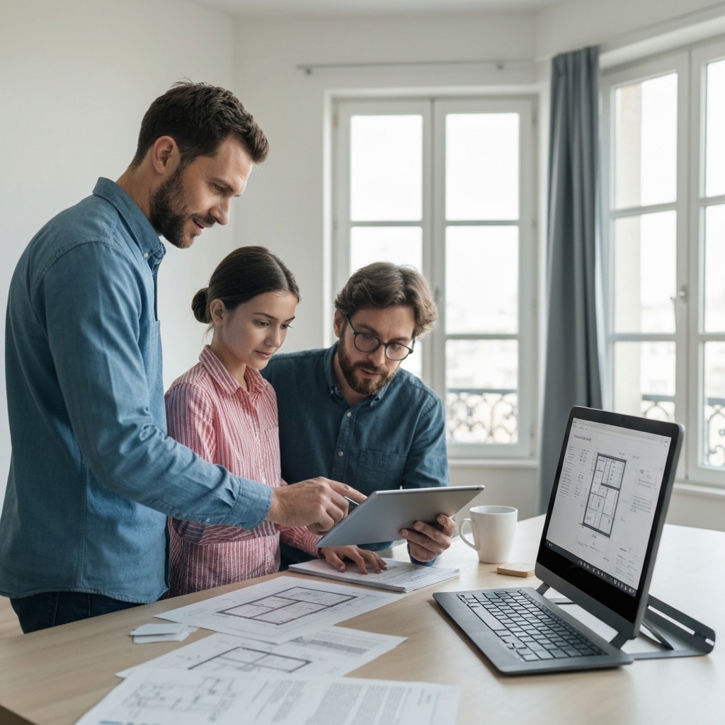 Professional renovation contractor in safety vest discussing renovation plans with client in elegant Parisian apartment with exposed beams and scaffolding, showing blueprints on tablet, natural lighting through tall windows