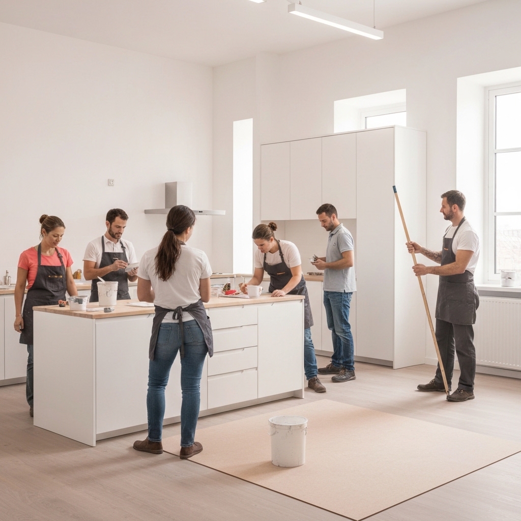 Professional renovation team working on a modern Swiss home interior, showing workers installing kitchen cabinets, painting walls, and updating electrical fixtures in a bright contemporary space