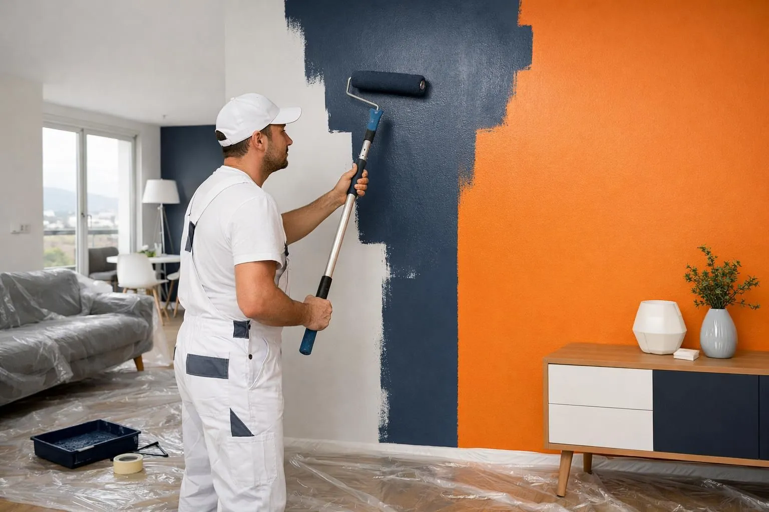 Professional painter in work clothes applying high-quality paint to interior wall using professional roller in bright Geneva apartment with drop cloths protecting wooden floor and modern furniture visible in background