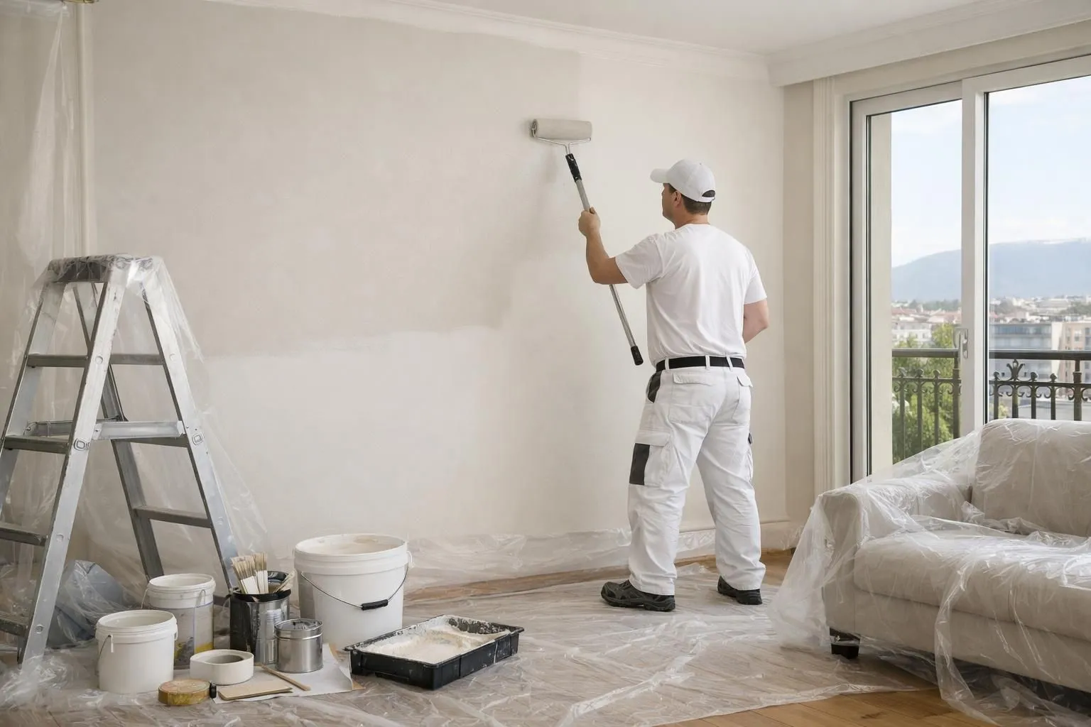 Professional painter applying smooth coat of modern neutral paint on living room wall in elegant Geneva apartment, with protective floor coverings and quality paint materials visible, natural daylight streaming through windows