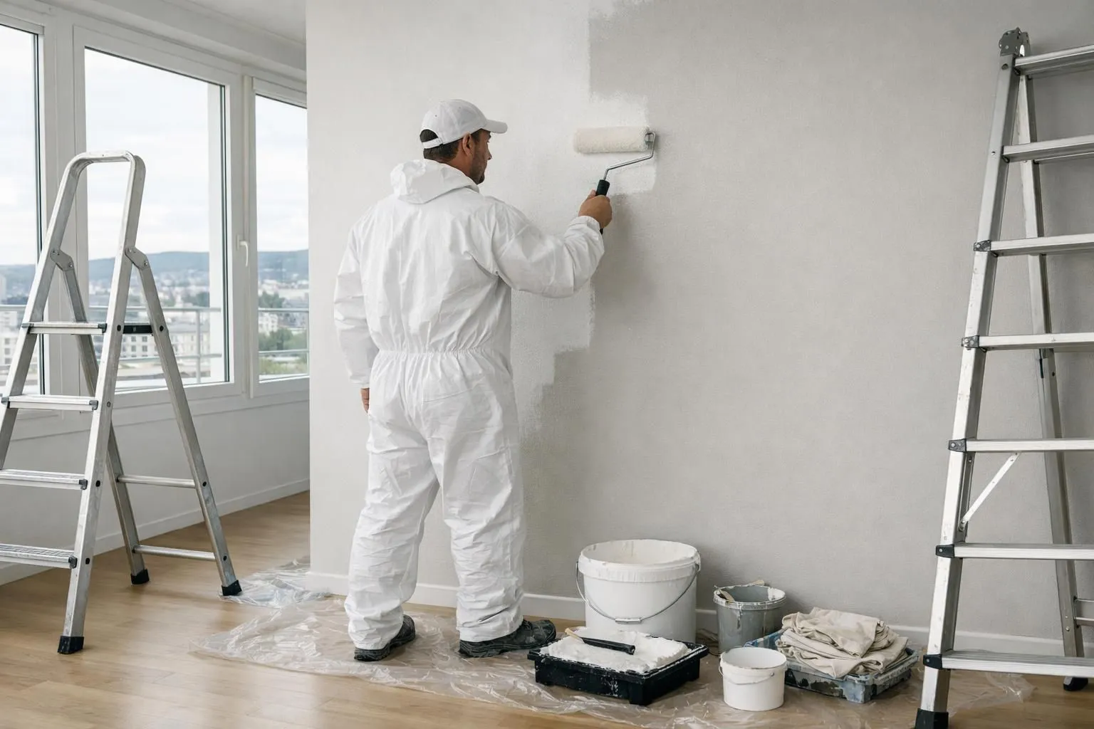 Professional painter in white overalls carefully applying paint with a roller on an interior wall of a contemporary Lausanne apartment, natural daylight streaming through large windows, ladders and painting equipment visible, focused craftsmanship