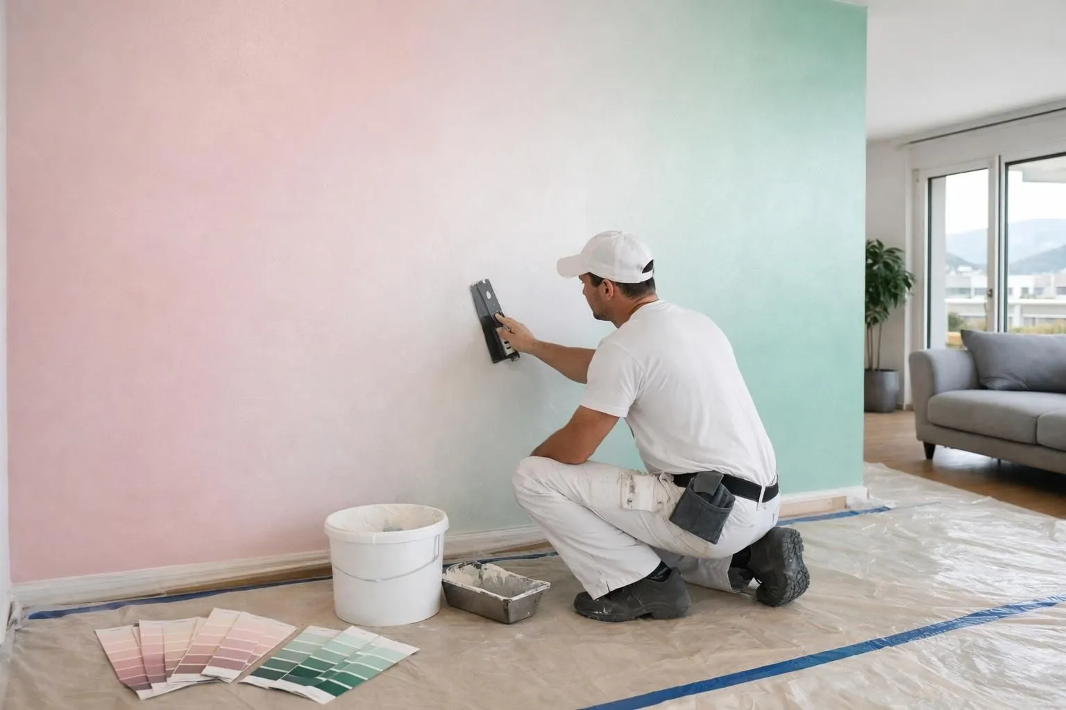 Professional painter applying smooth finish to living room wall with color samples and protective floor covering visible, modern Lausanne apartment interior with natural lighting