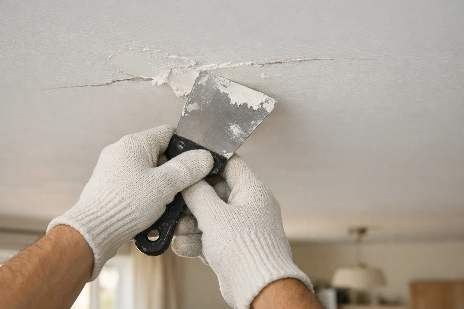 Personne portant des gants de protection appliquant de l'enduit de rebouchage sur un plafond blanc avec une spatule métallique, vue d'intérieur lumineux avec échelle et bâche de protection au sol