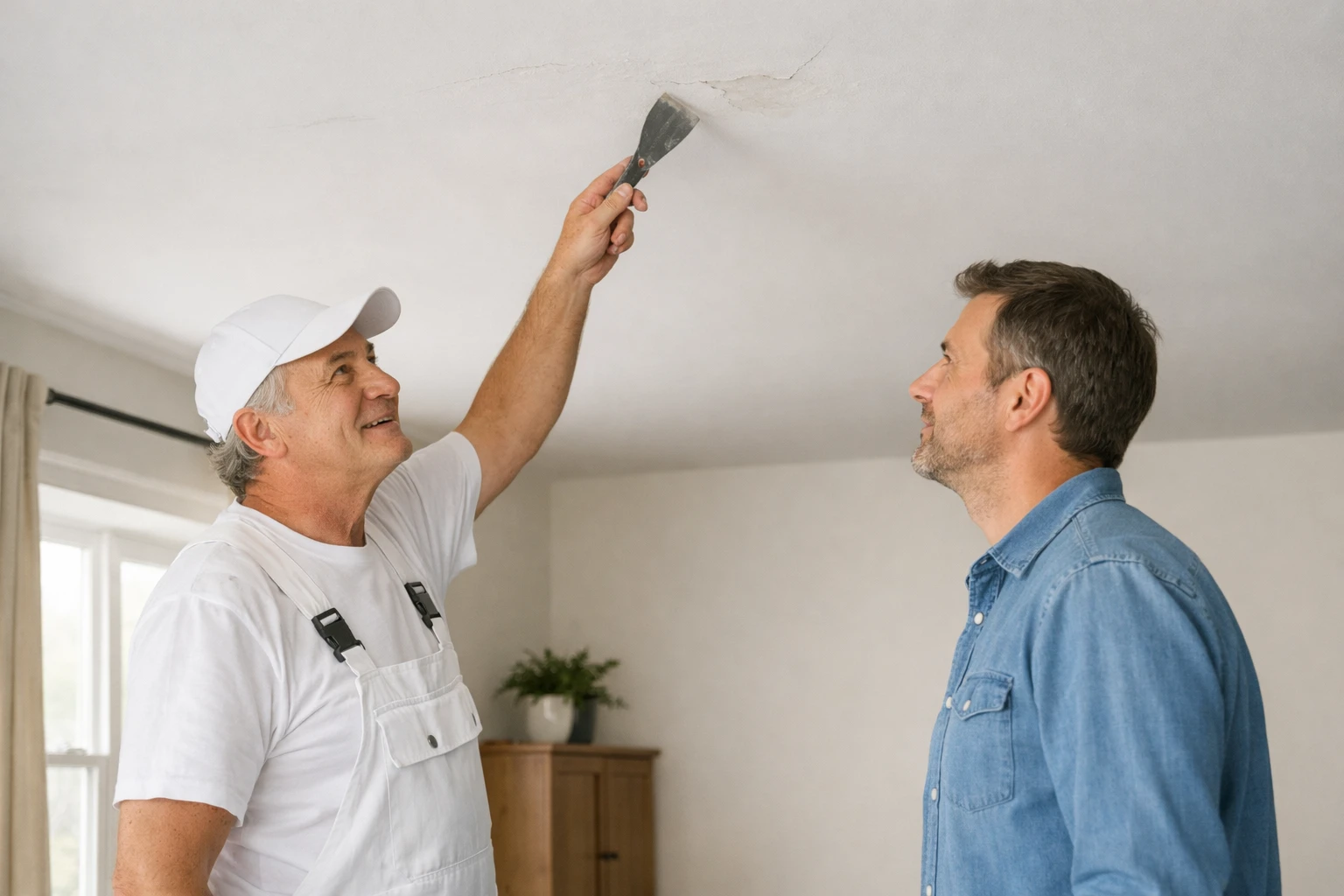 Artisan peintre professionnel montrant à un propriétaire les défauts d'un plafond mal peint dans une maison suisse moderne, pointant du doigt les traces et imperfections sous la lumière naturelle
