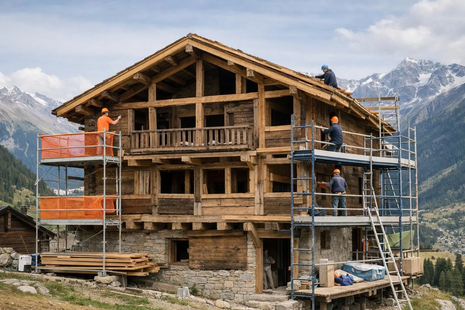 Traditional wooden chalet in Valais Alps undergoing renovation, showing exposed timber structure and workers on scaffolding against mountain backdrop, no text visible