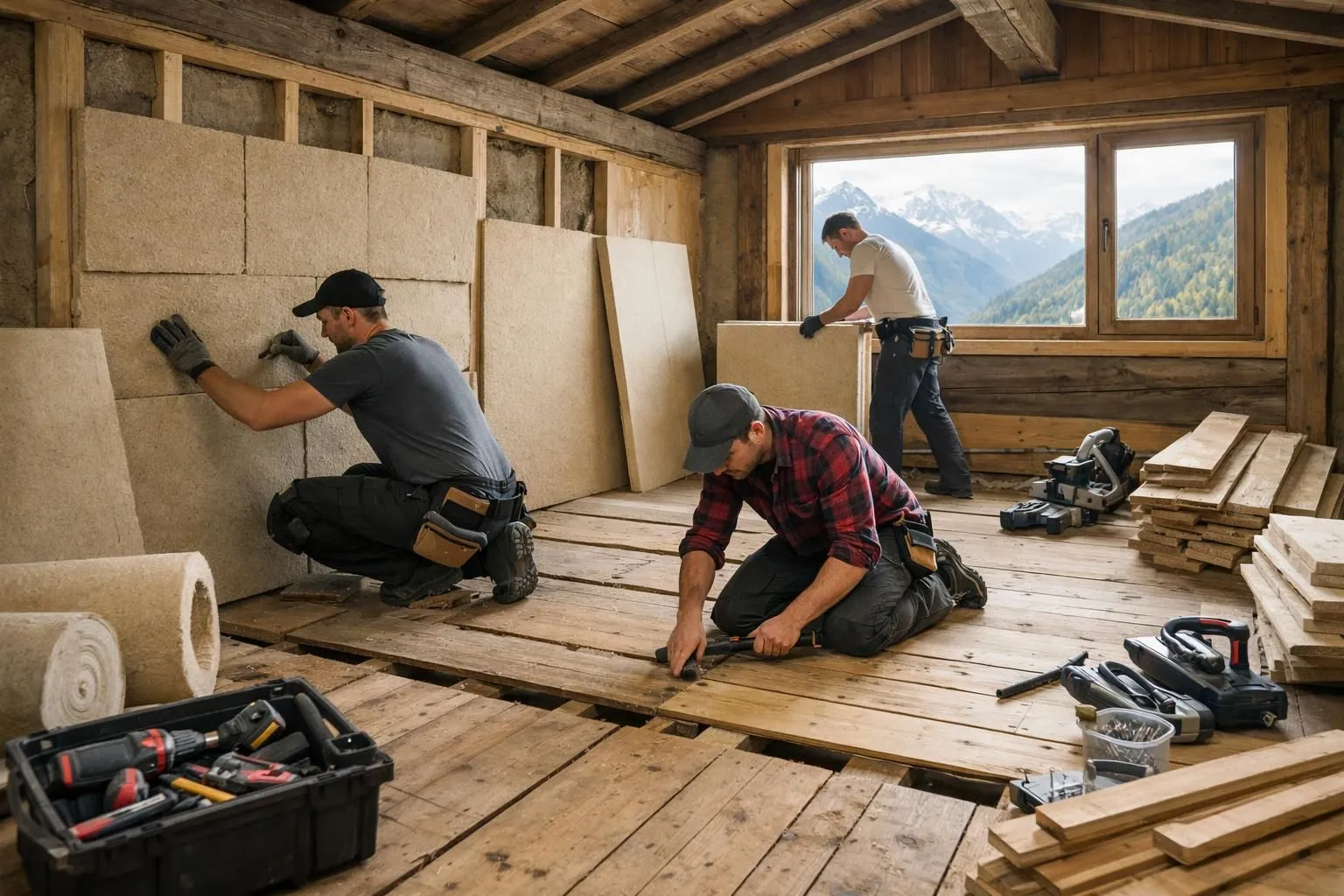 Interior view of a Valais chalet during renovation with exposed wooden beams, construction workers installing insulation panels, traditional wood flooring being restored, natural daylight through mountain windows, tools and materials organized professionally