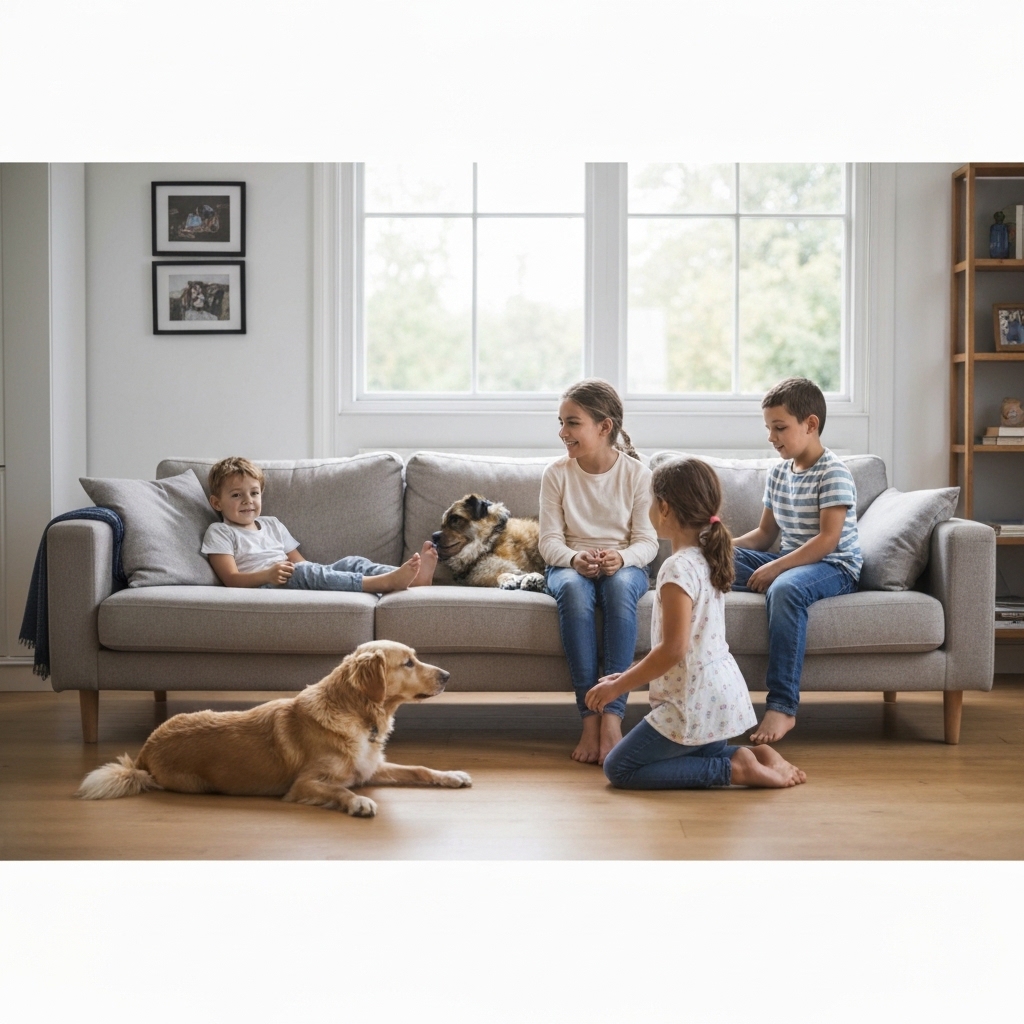 Modern family living room with young children playing and a dog resting on sofa, bright natural lighting, clean contemporary walls, realistic candid moment