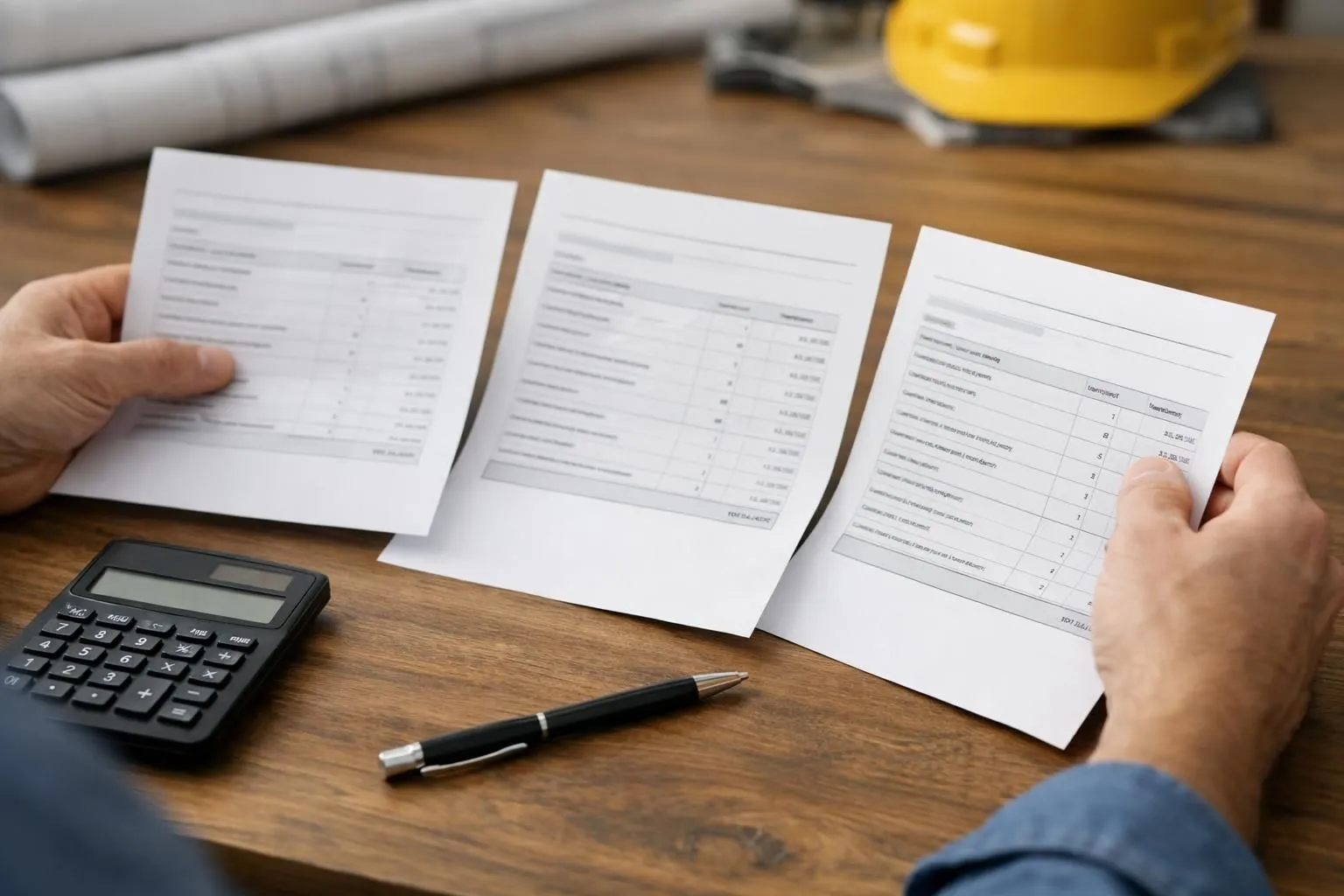 Close-up view of person's hands comparing three different contractor invoices and estimates spread on wooden desk with calculator and pen, showing price differences, professional interior renovation context, natural lighting, realistic photography