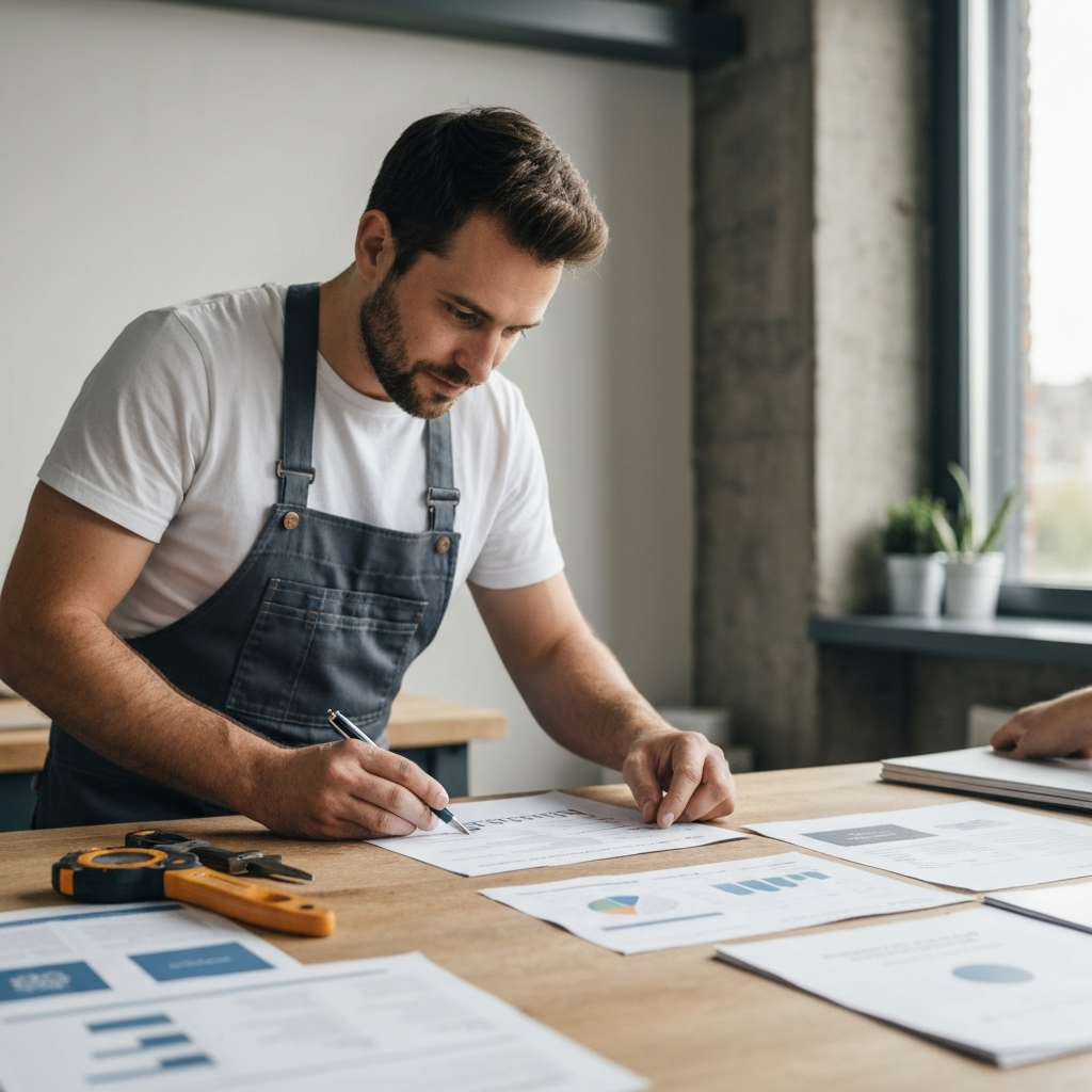 Artisan suisse examinant des échantillons de matériaux de construction premium disposés sur une table de chantier à Genève, avec des outils de mesure et des catalogues de produits haut de gamme visibles, ambiance professionnelle et industrielle