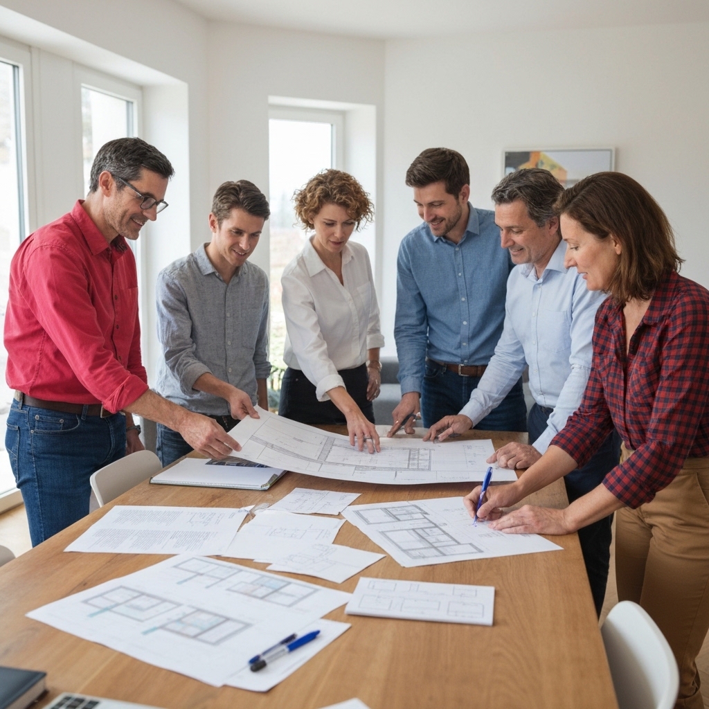 Professional renovation team discussing interior design plans with blueprints and material samples at a wooden table in a bright Swiss home living room