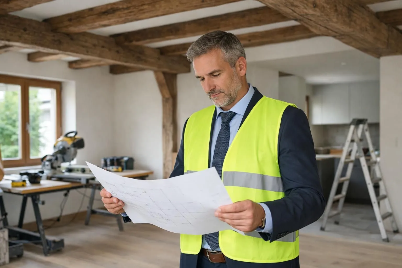 Certified renovation professional in safety vest examining blueprint against partially renovated Swiss home interior with exposed beams and modern materials, natural daylight streaming through windows, professional tools visible in background