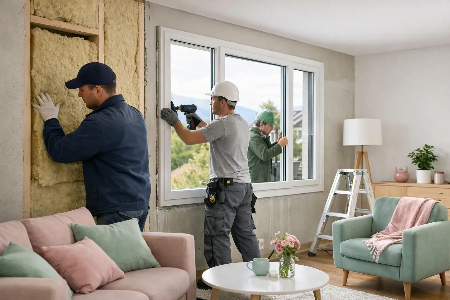 Modern Swiss living room renovation showing insulation work being installed on walls, with craftsmen working on energy-efficient window installation and contemporary interior finishes visible in bright natural lighting