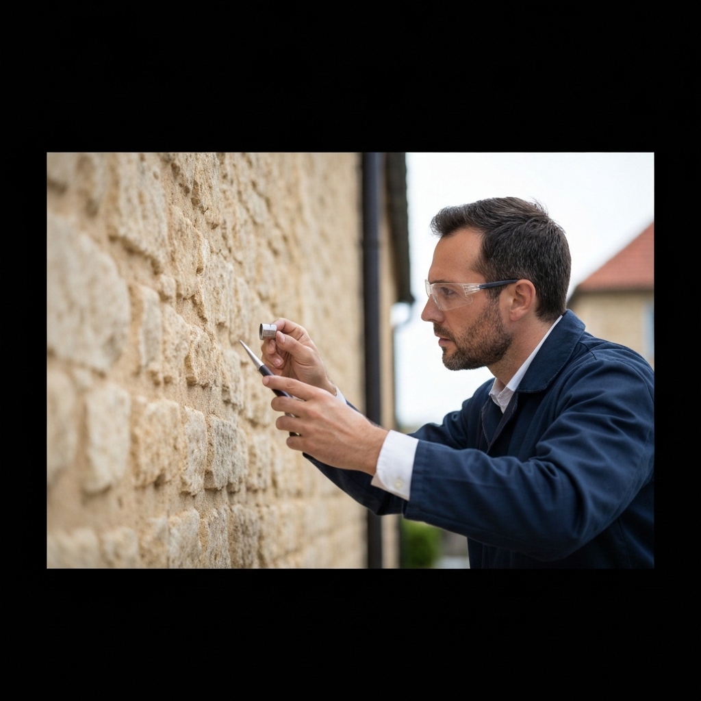 Artisan expérimenté en tenue professionnelle examinant attentivement une façade en pierre ancienne avec loupe et outils de diagnostic, lumière naturelle mettant en valeur la texture de la pierre