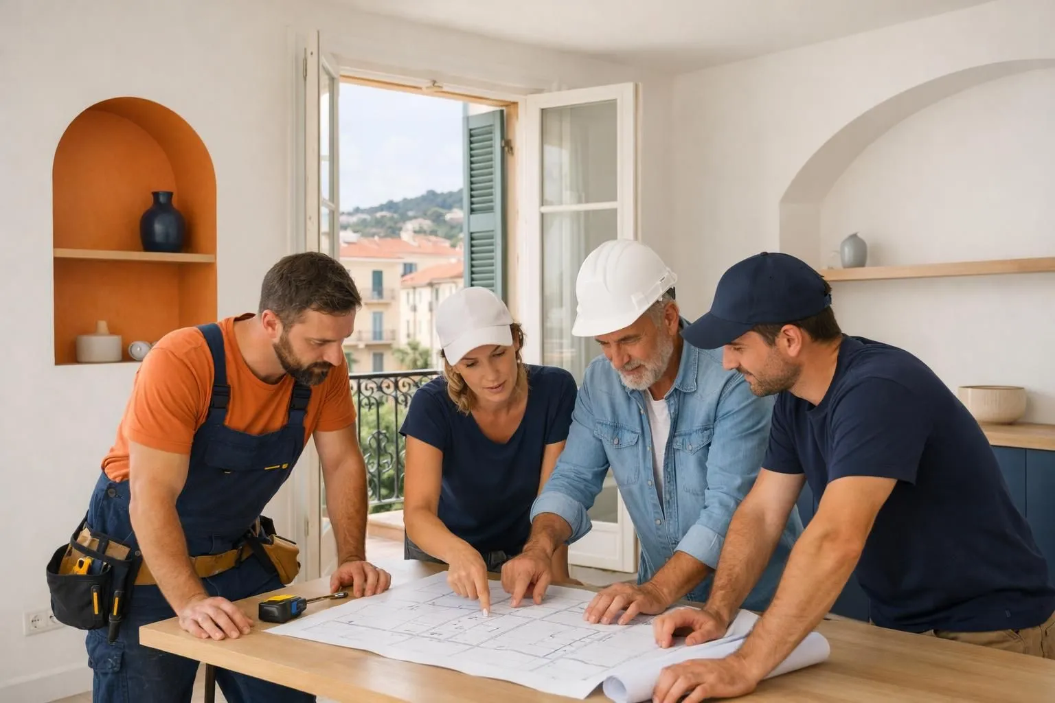 Professional renovation contractors reviewing architectural plans in a bright Mediterranean-style apartment in Nice, with traditional shutters and balcony visible, showing local expertise and collaboration
