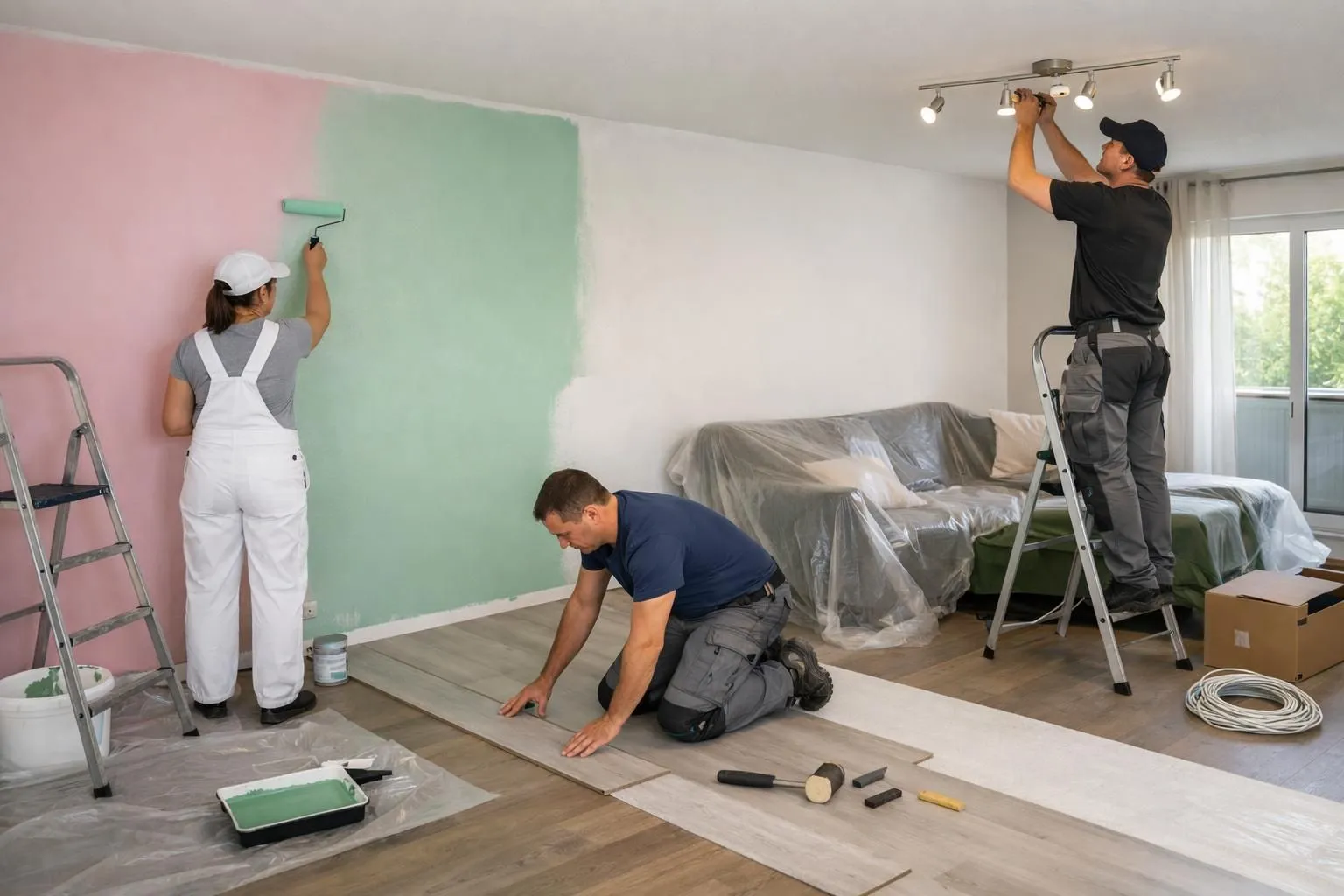 Professional renovation team working on interior transformation in a Swiss home, showing workers applying paint, installing modern flooring, and adjusting lighting fixtures in an elegant living space under renovation