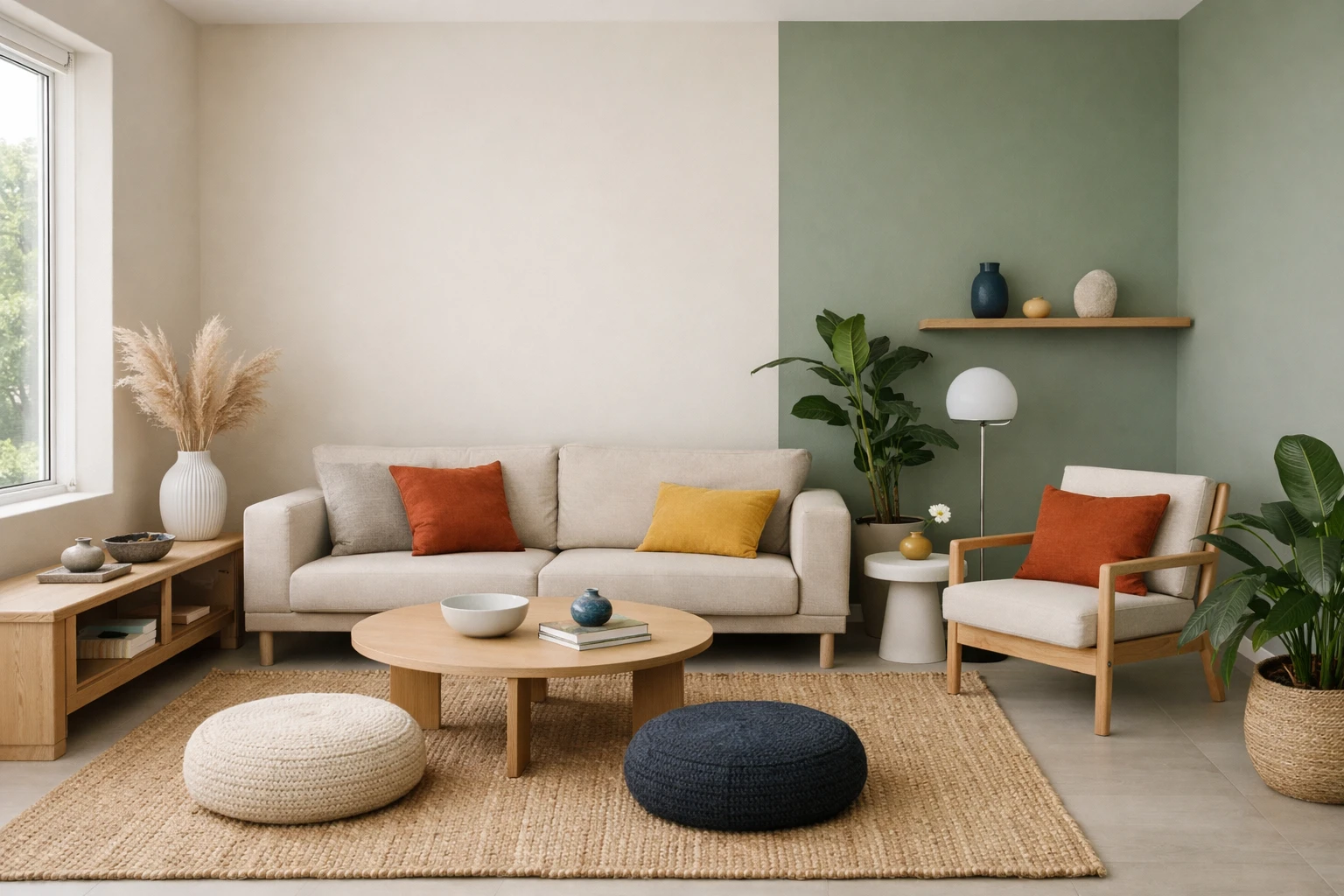 Peaceful zen living room interior with soft neutral painted walls in beige and sage green tones, natural sunlight streaming through large windows, minimalist low furniture, indoor plants, wooden elements, showcasing calming color palette for interior decoration
