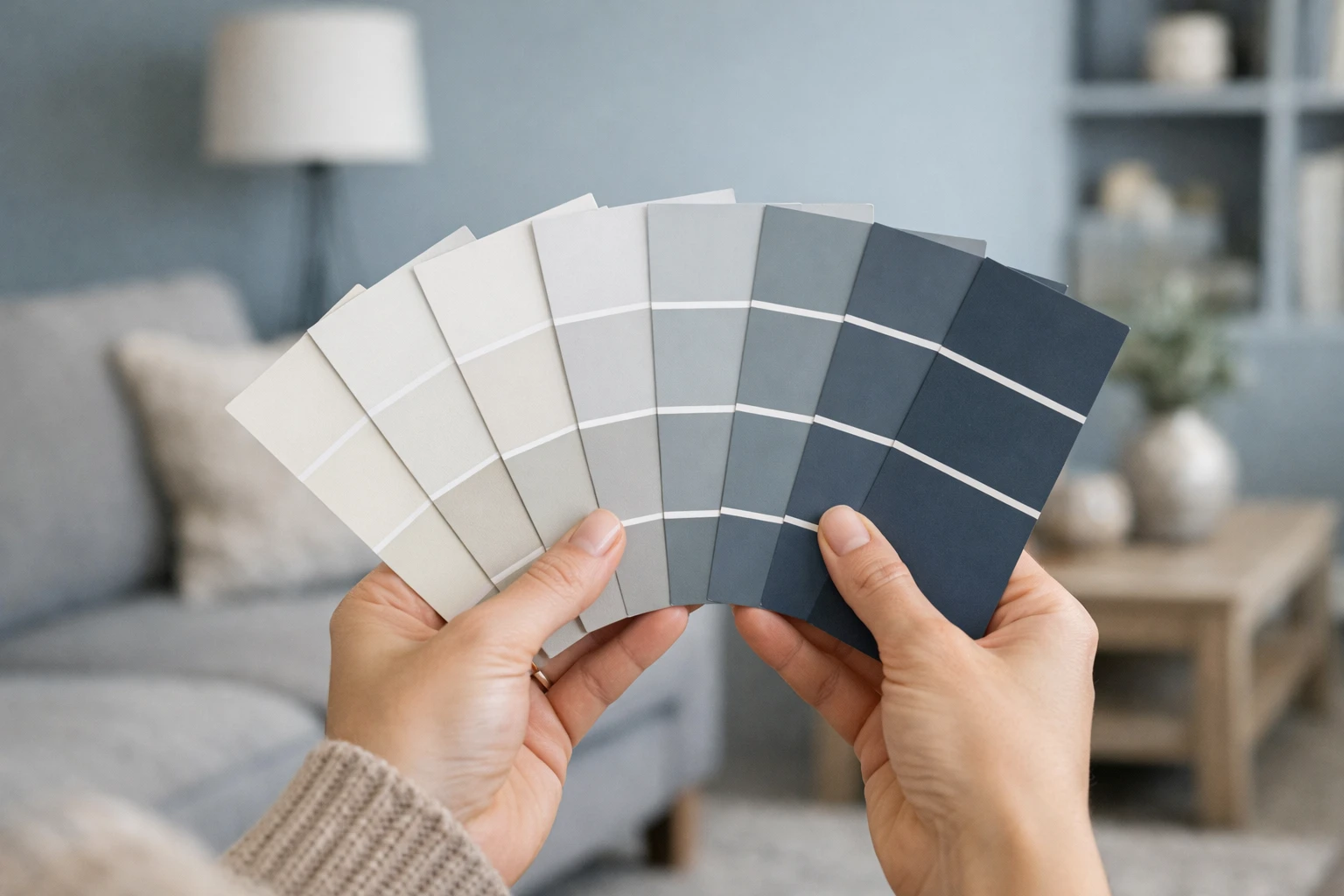 Swiss living room interior showing color mistake with cold bluish-gray walls creating unwelcoming atmosphere, woman standing with paint samples looking disappointed at wall colors, modern furniture visible