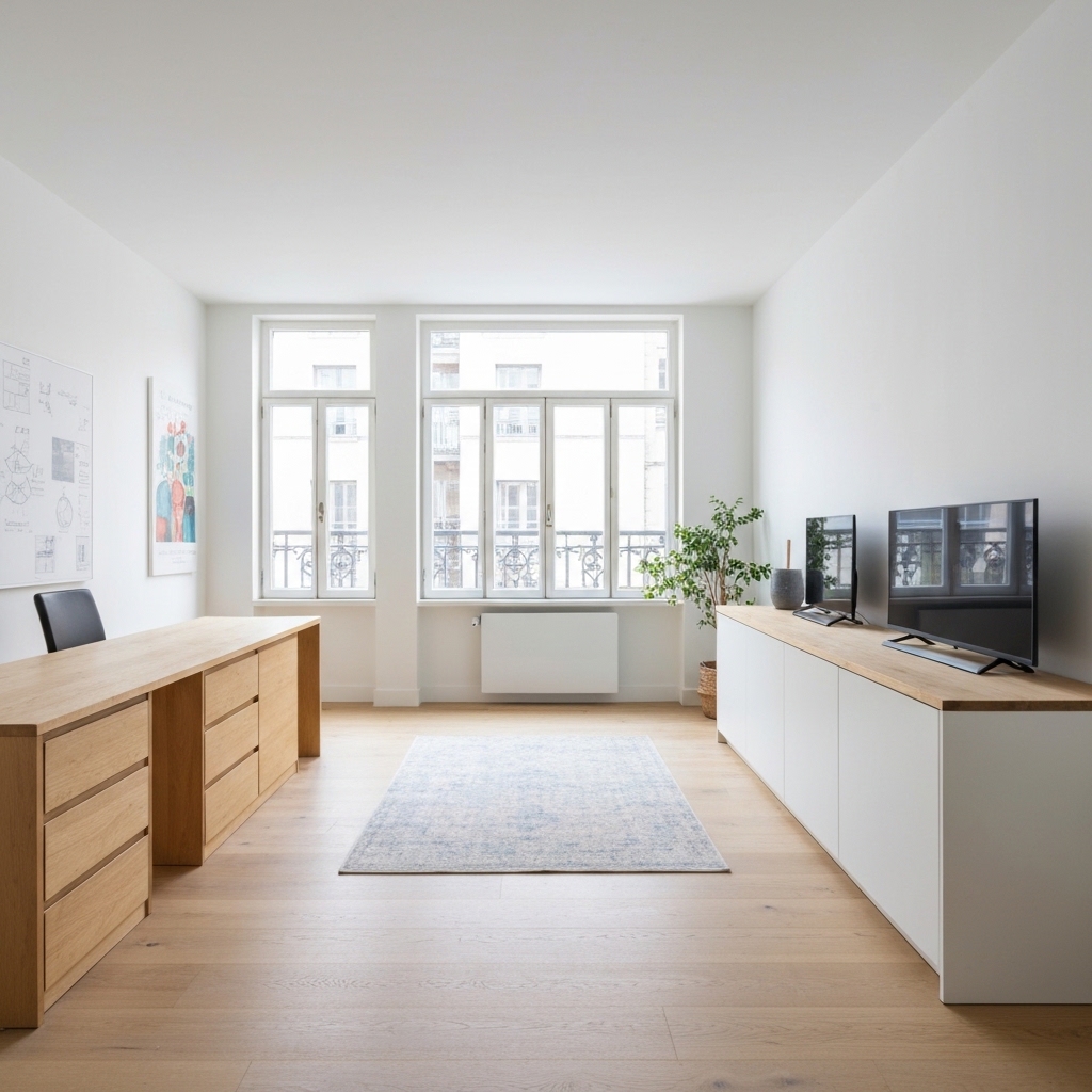 Elegant renovated living room in Lyon showing Swiss-inspired design with natural wood elements, minimalist furniture, large windows with natural light, modern flooring, and contemporary wall finishes