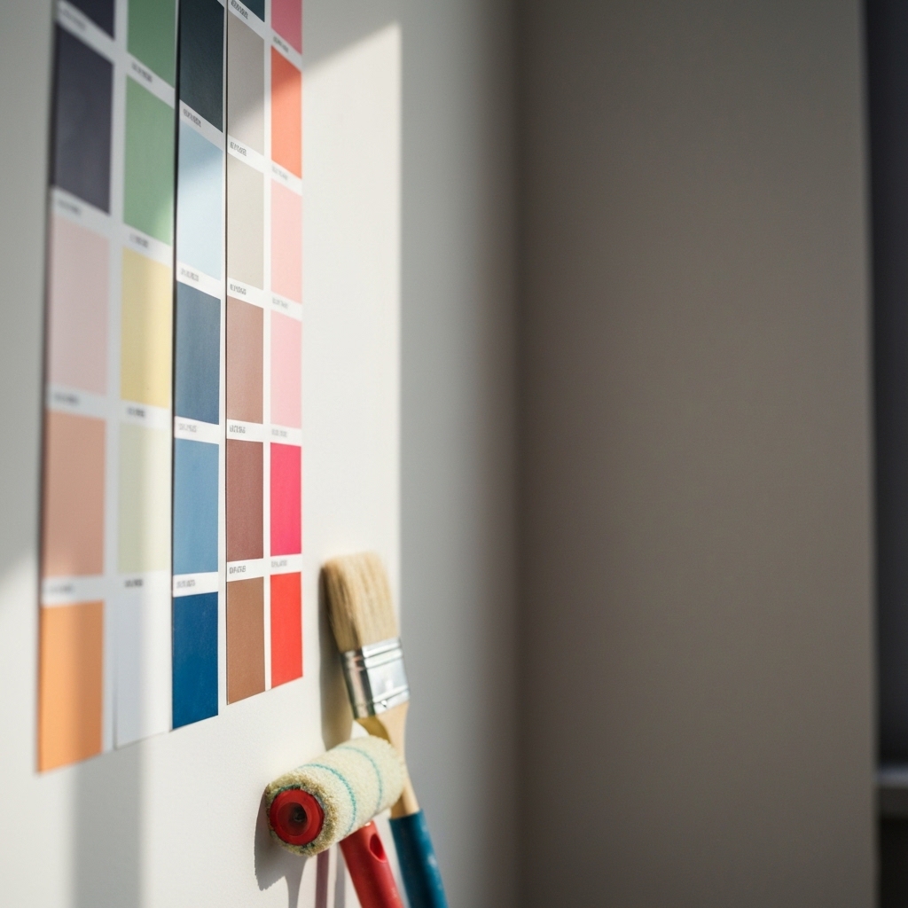 Un mur présentant une sélection de nuanciers de peinture modernes, avec des pinceaux et un rouleau à proximité, dans une ambiance de décoration d'intérieur.