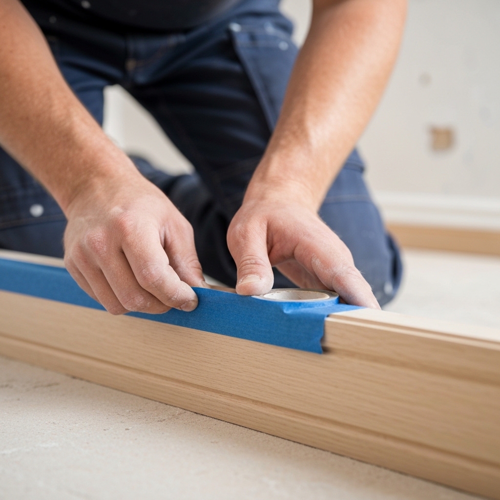 [Un peintre professionnel en tenue de travail appliquant soigneusement du ruban de masquage le long d'une plinthe dans une cage d'escalier.]