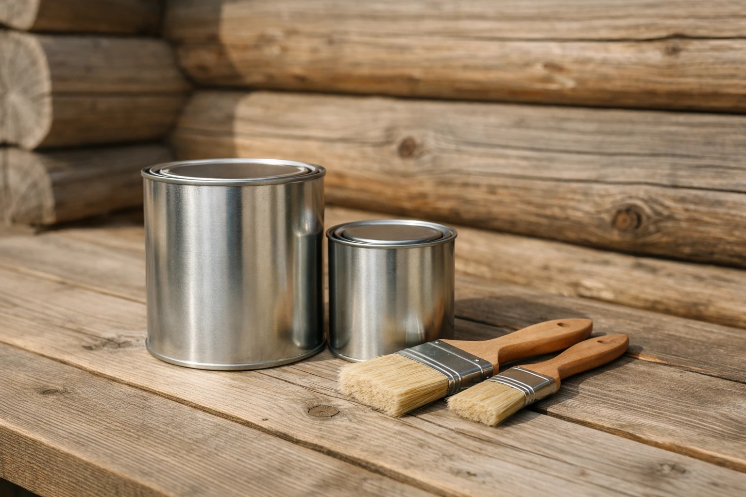 Plusieurs bidons de lasure pour bois extérieur disposés sur une planche de bois brut de chalet alpin, avec un pinceau professionnel posé à côté, éclairage naturel mettant en valeur les textures du bois
