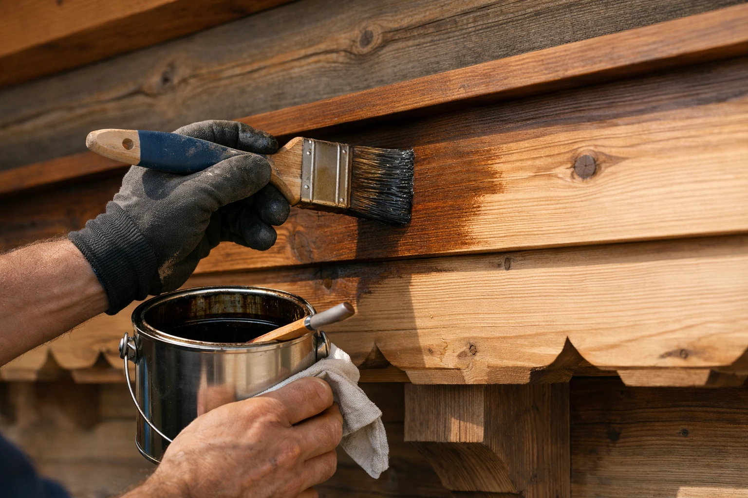 Comparaison visuelle montrant un artisan professionnel appliquant de la lasure avec équipement spécialisé sur une façade de chalet suisse en bois versus un propriétaire avec pinceaux et pots de lasure pour travaux DIY, sans aucun texte ni étiquette