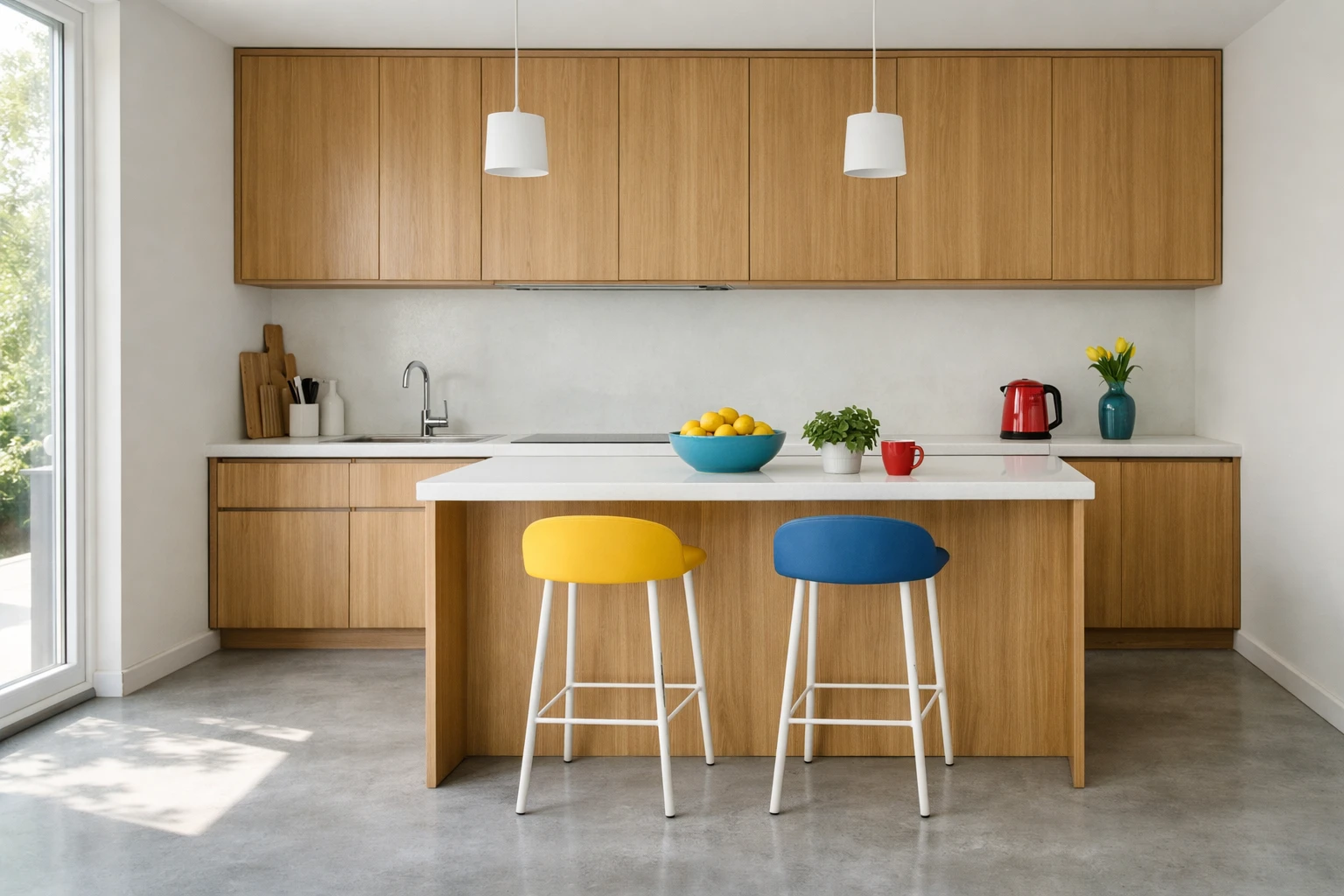 Modern Swiss kitchen interior featuring smooth polished concrete floor in light gray tones, with minimalist wooden cabinets and natural daylight highlighting the seamless flooring texture