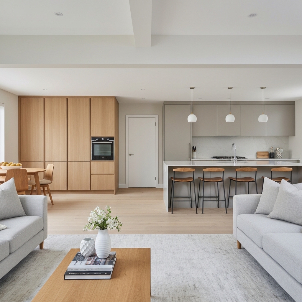 Salon moderne et lumineux, exemple de projet réussi par une entreprise rénovation interieur experte.